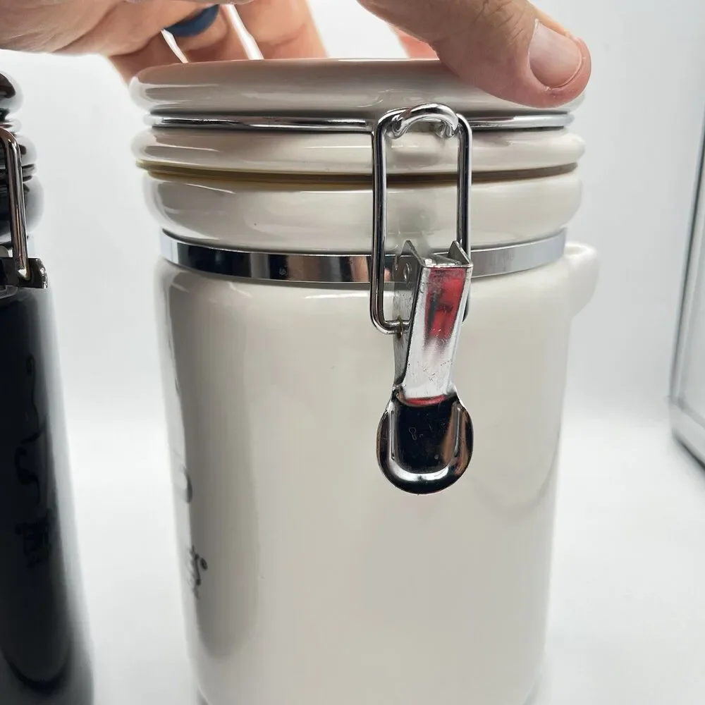 Barnie's Coffee & Tea Co. White Black Ceramic Canister Jar Set Of 2 - No Spoons
